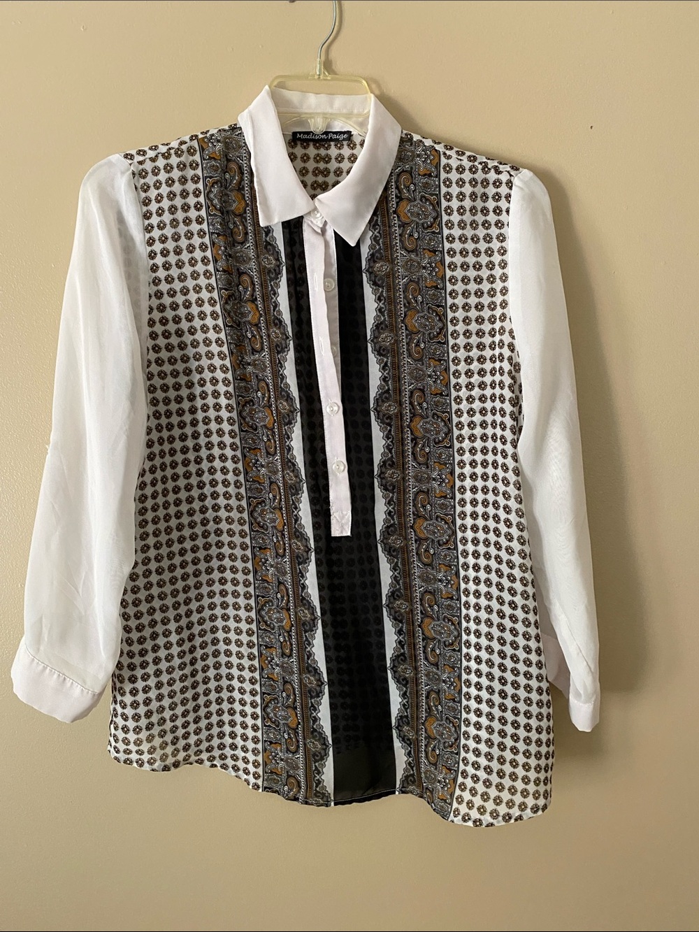 White Paisley-Trim Button Front Blouse - Madison Paige
